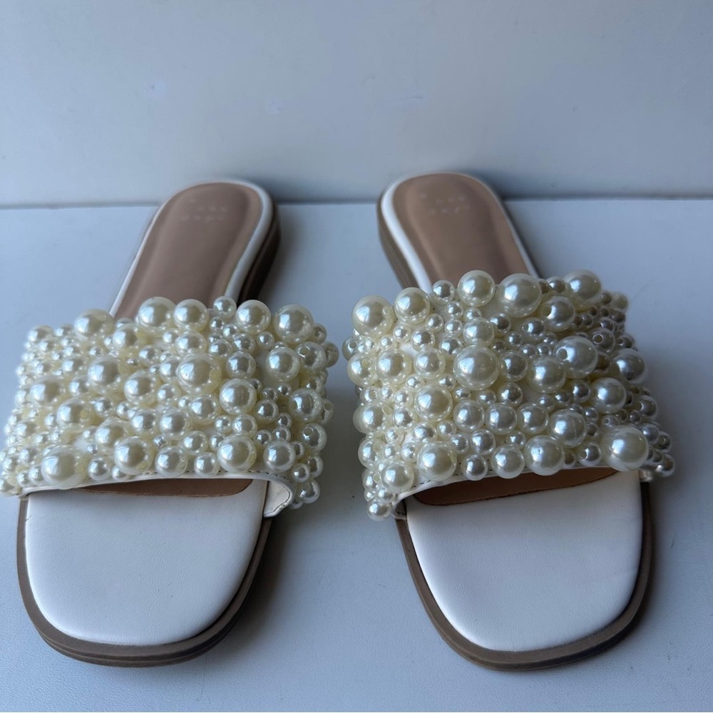 A New Day Jasmine Pearl Slide Sandals White Size 7 Embellished Flat Women's